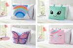 4 lifestyle photos of Your Zone Snuggly Pillows (rainbow, alien, butterfly & unicorn)