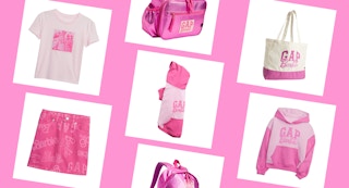 collage of gap barbie apparel and accessories for adults, kids, and dogs