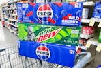 pepsi and mtn dew 12-packs in a walgreens shopping cart