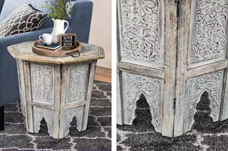 2 lifestyle photos of the Urban Port Side Table with engraved detailing