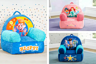 3 lifestyle images of the Delta Children Cozee Buddy Chair: Blippi, Disney Princess & Toy Story