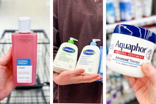 collage image of loreal toner, cetaphil, and aquaphor ointment