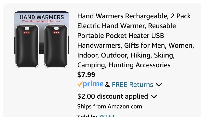 Hand warmers Amazon receipt