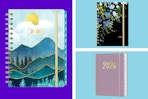Three various 2026 weekly planners on a purple and blue background.