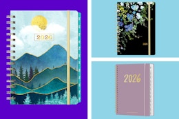 Three various 2026 weekly planners on a purple and blue background.