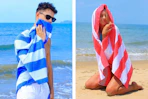 Lifestyle images of a blue & pink striped cabana beach towel being used at the beach