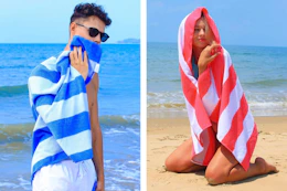 Lifestyle images of a blue & pink striped cabana beach towel being used at the beach