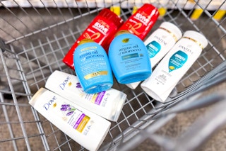 pantene, loreal, elvive, dove, and ogx shampoo conditioner in a shopping cart