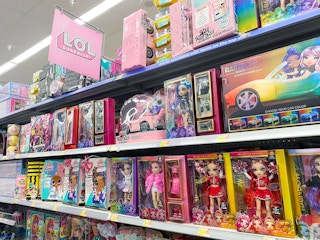 rainbow high dolls and LOL Surprise items on the shelf at Walmart