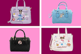 Disney Stitch, Bluey, and Minnie Mouse, and Hello Kitty crossbody bags
