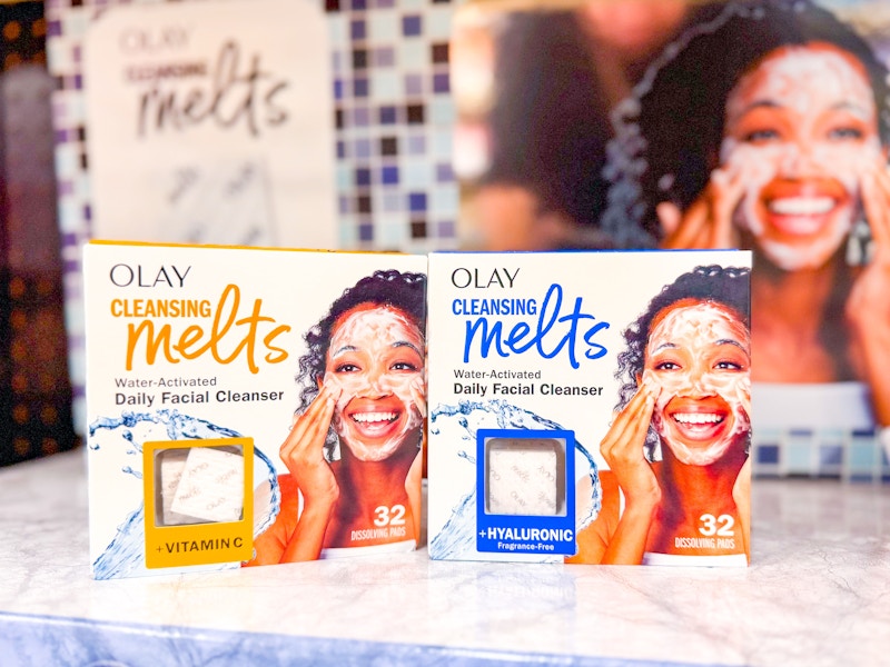 2 packages of olay cleansing melts on a display