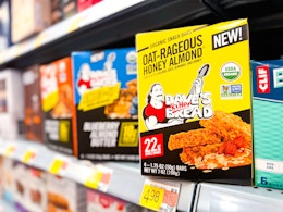 A 4 count box of Dave's Killer Bread Bars on Walmart grocery aisle shelf