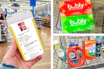 collage showing a hand holding a smartphone dipsplaying a 1-clip deal, bubly, and laundy products