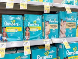 pampers diapers packs on walgreens shelf