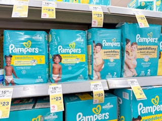 pampers diapers packs on walgreens shelf