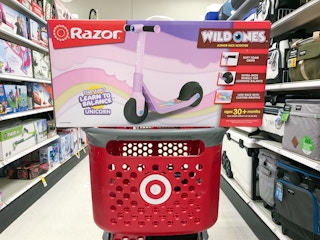 razor junior unicorn kick scooter on a target cart