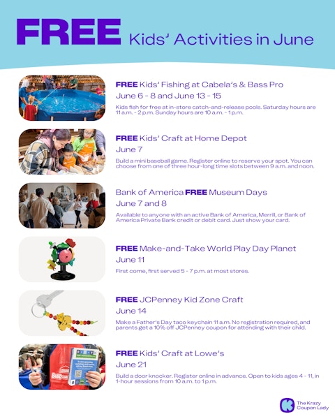 a graphic showing free kids activities in june