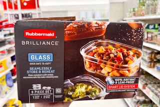 hand holding a rubbermaid 5-piece brilliance glass set in a target aisle