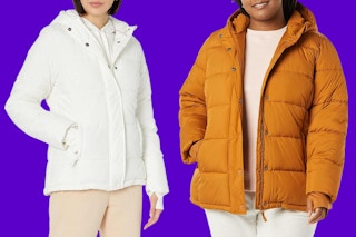 Two women, one regular, one plus size, wear hooded puffers, one white, one rust.