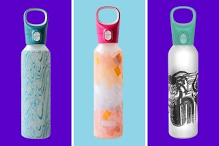 Three different colorways of the Pyrex 17.5-ounce color-changing water bottle