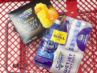 two boxes of Swiffer refill items in Target shopping cart