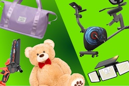 purple duffel bag, orange mini chainsaw, large stuffed bear, stationary bike, solar light