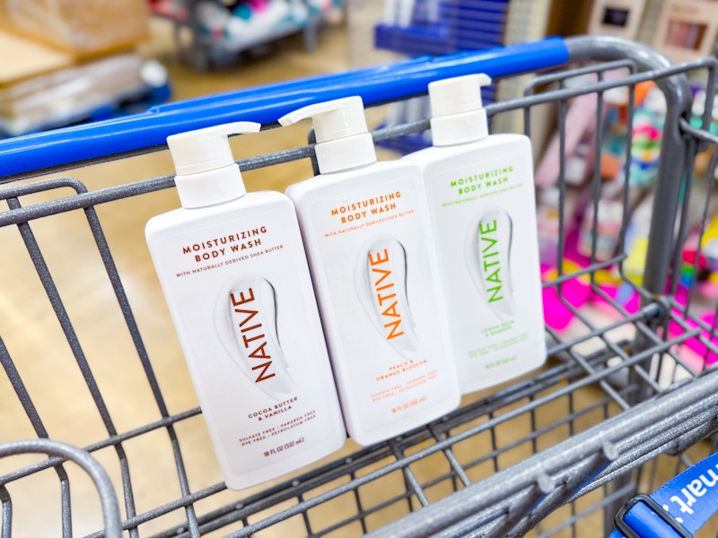 three bottles of native body wash in walmart cart