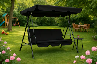 a porch swing in a backyard