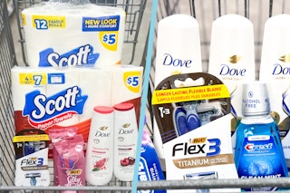 collage of items in shopping carts including Dove, Bic, Crest, and Scott