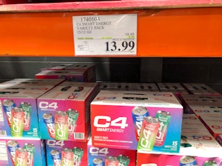 c4 energy drinks on a shelf with a $13.99 price tag
