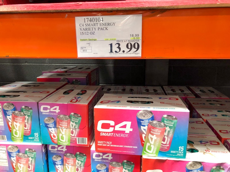 c4 energy drinks on a shelf with a $13.99 price tag