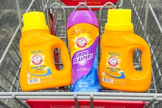 arm and hammer laundry detergent and scent beads in a cart