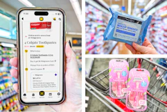 collage with venus razors, neutrogena makeup wipes, and a hand holding a smartphone displaying a kcl 1-clip coupon