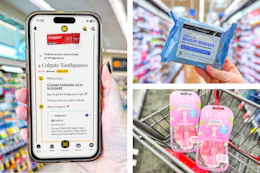 collage with venus razors, neutrogena makeup wipes, and a hand holding a smartphone displaying a kcl 1-clip coupon