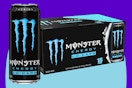 Monster Energy, Lo-Carb Monster, Low Carb Energy Drink on a blue background.
