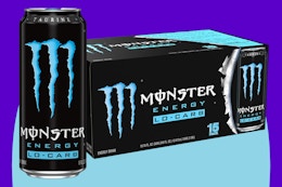 Monster Energy, Lo-Carb Monster, Low Carb Energy Drink on a blue background.
