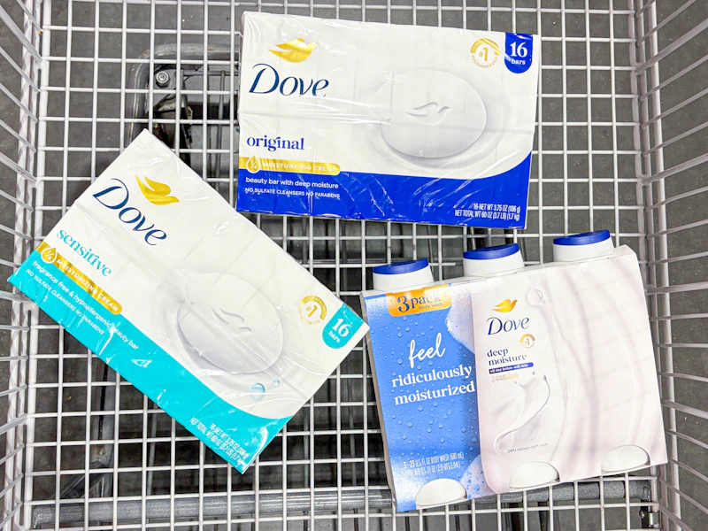 dove bar soap and body wash in shopping cart