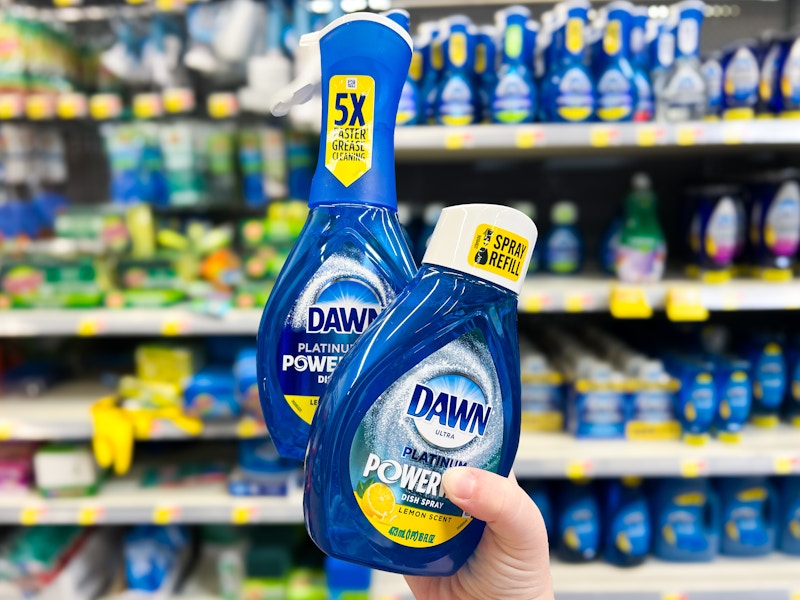 hand holding dawn powerwash spray and refill in walmart aisle