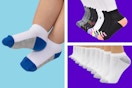 3 stock images of socks being worn to show baby, kids, and adult sizes