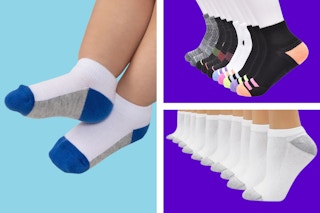 3 stock images of socks being worn to show baby, kids, and adult sizes