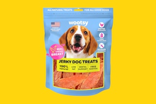 amazon Wootsy Chicken Jerky Dog Treats on a yellow background
