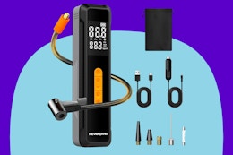  NEVERLAND Tire Inflator Portable Air Compressor on a blue background.