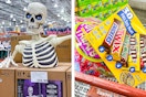 two images of a costco giant skeleton and halloween candy