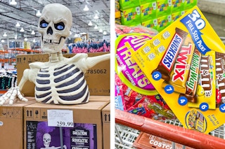 two images of a costco giant skeleton and halloween candy