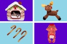 petco pet bed, treats, apparel, toy 4-photo collage