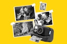 Lifestyle image of insta print camera with printed B&W photos in the background (over yellow background)