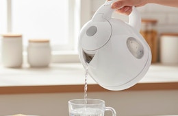 a hand pouring water from a kettle into a mug