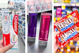 collage with colgate, maybelline, and candy