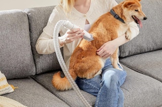 a woman using a pet grooming vacuum