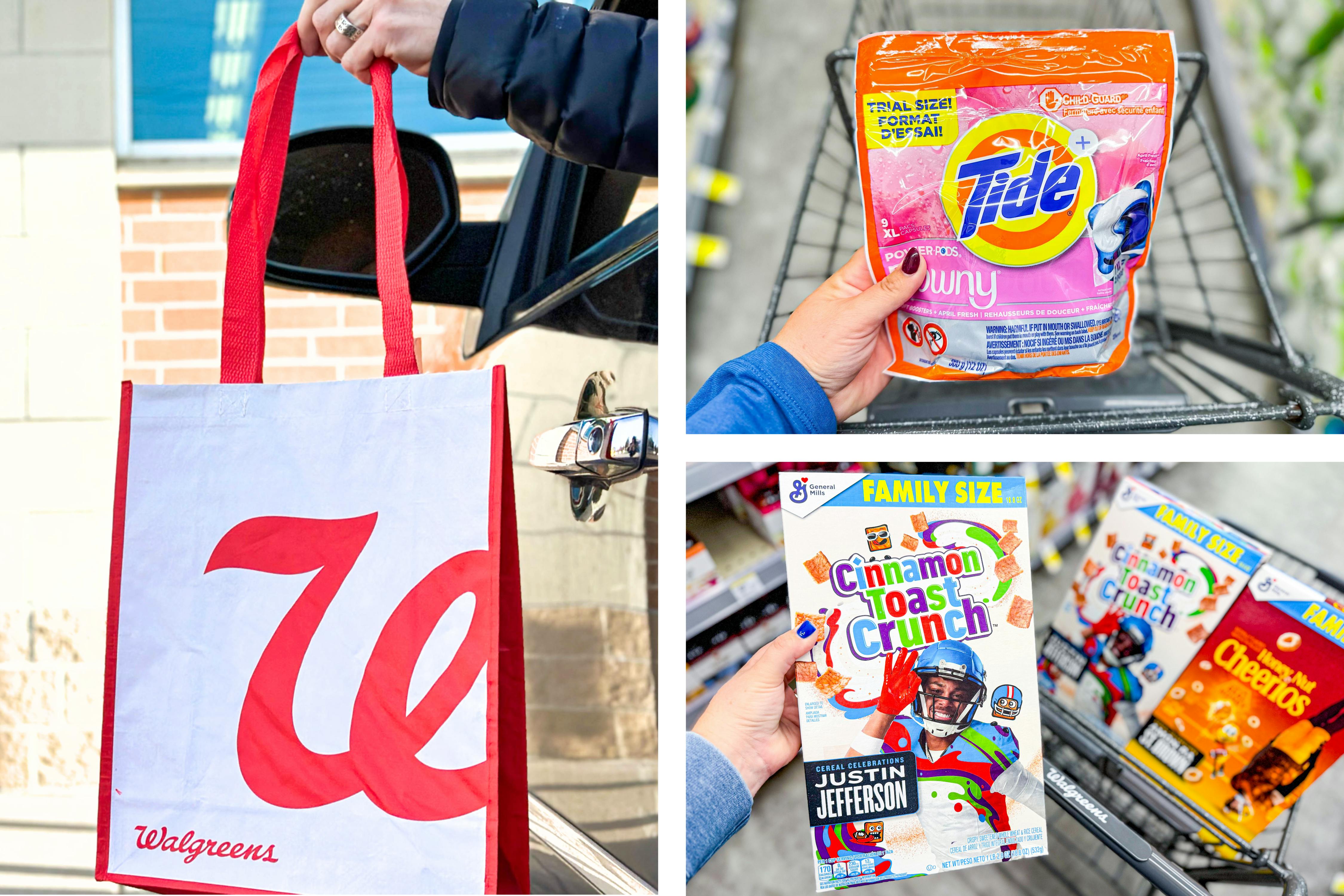 collage with Walgreens pickup bag, tide pods, and general mills cereal